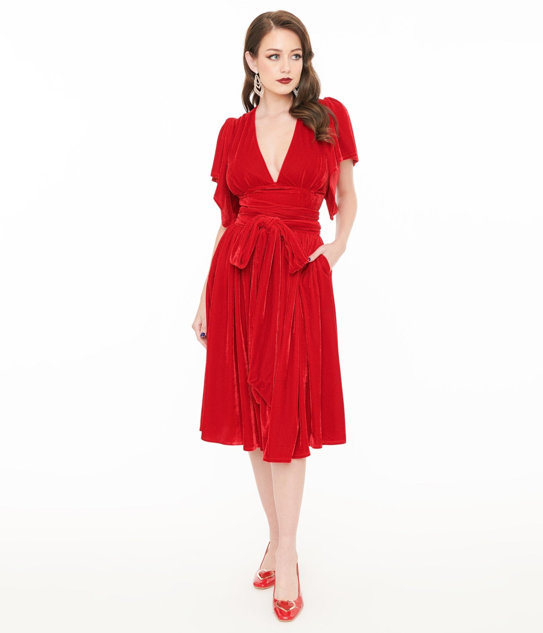 Unique Vintage 1940s Red Velvet Flutter Sleeve Swing Dress - Unique Vintage - Womens, DRESSES, SWING