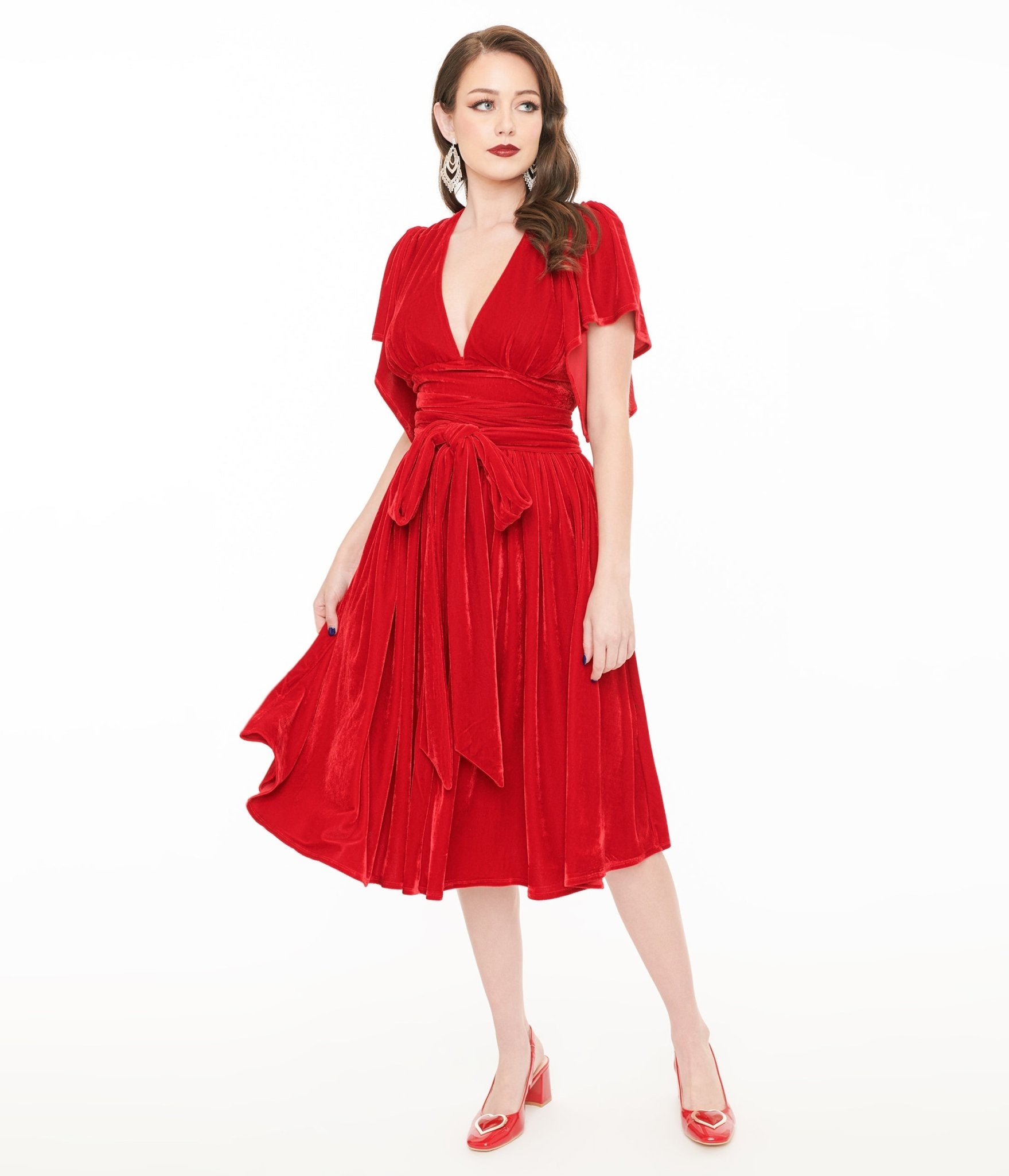 Unique Vintage 1940s Red Velvet Flutter Sleeve Swing Dress - Unique Vintage - Womens, DRESSES, SWING