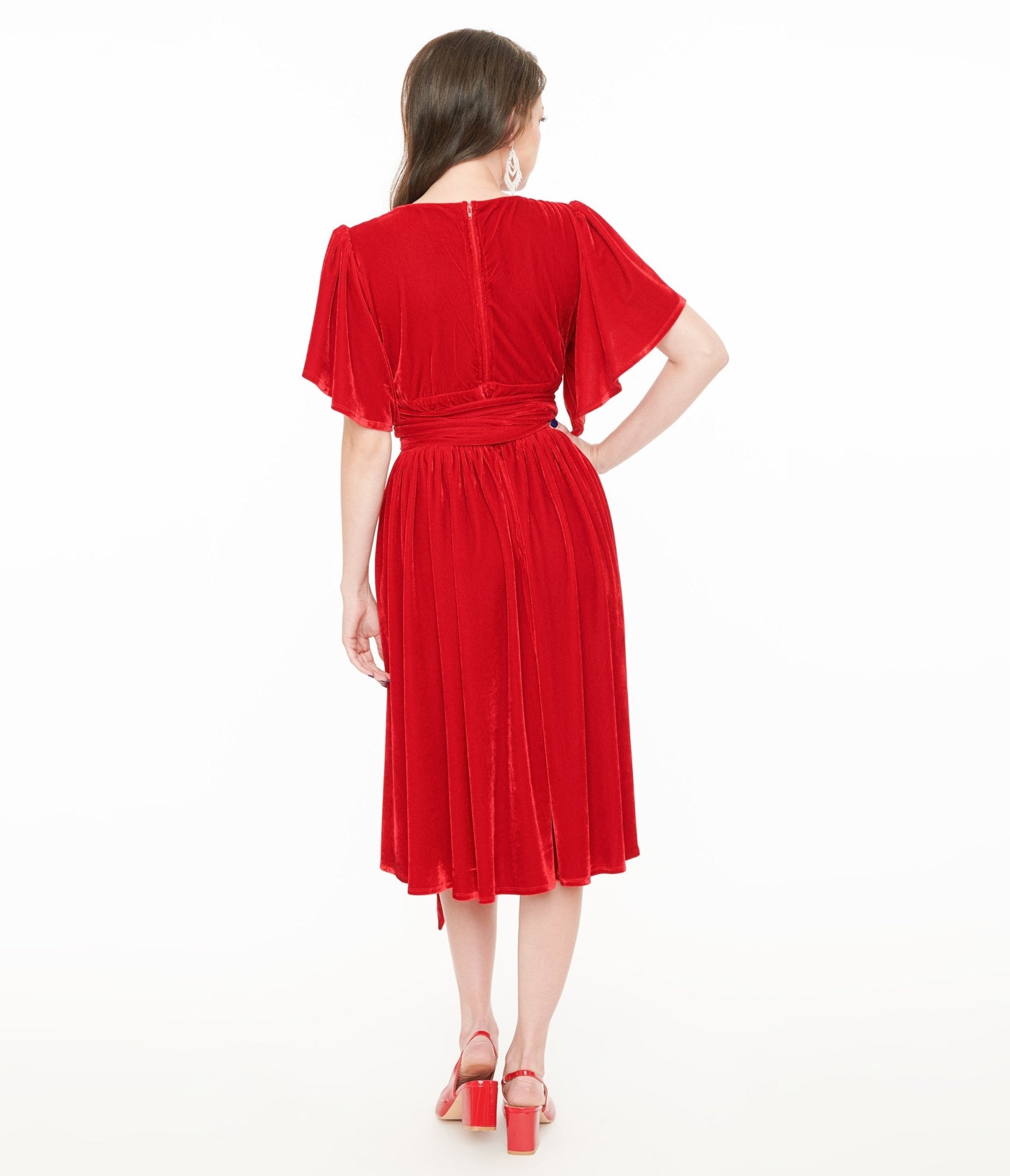 Unique Vintage 1940s Red Velvet Flutter Sleeve Swing Dress - Unique Vintage - Womens, DRESSES, SWING