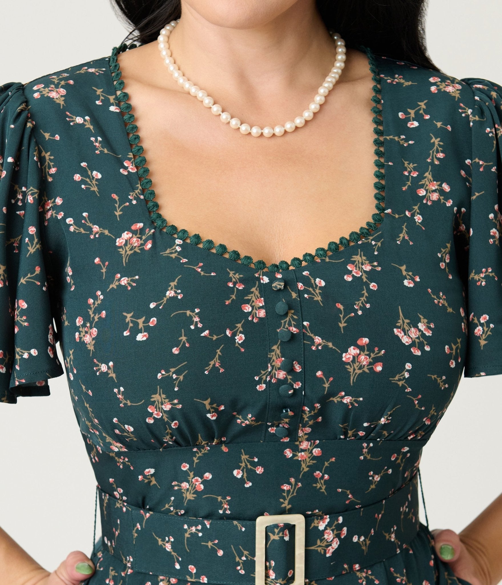 1940s midi dress Unique Vintage 1940s Teal Ditzy Floral Print Midi Dress