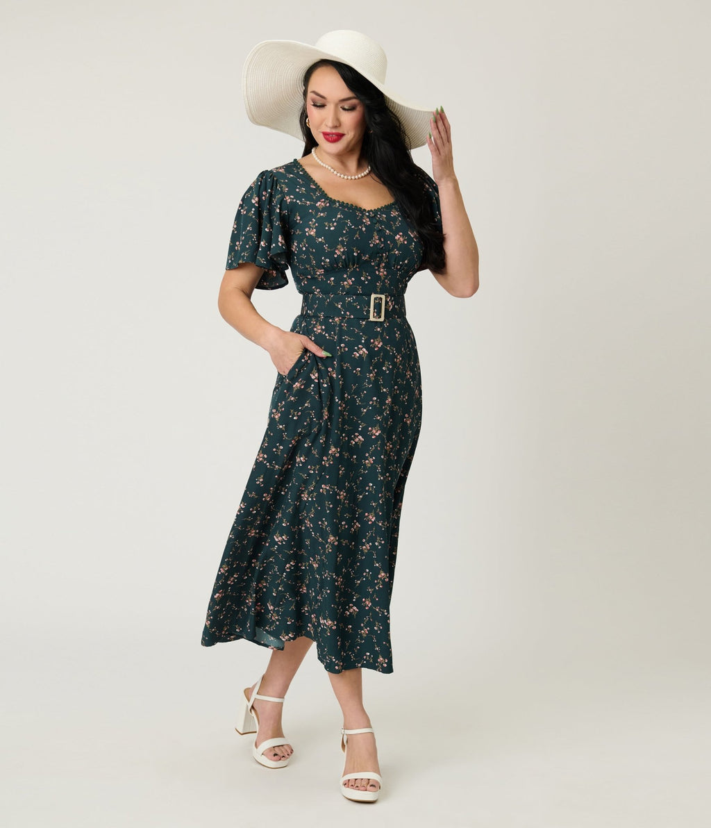 white christmas dresses Unique Vintage 1940s Teal Ditzy Floral Print Midi Dress