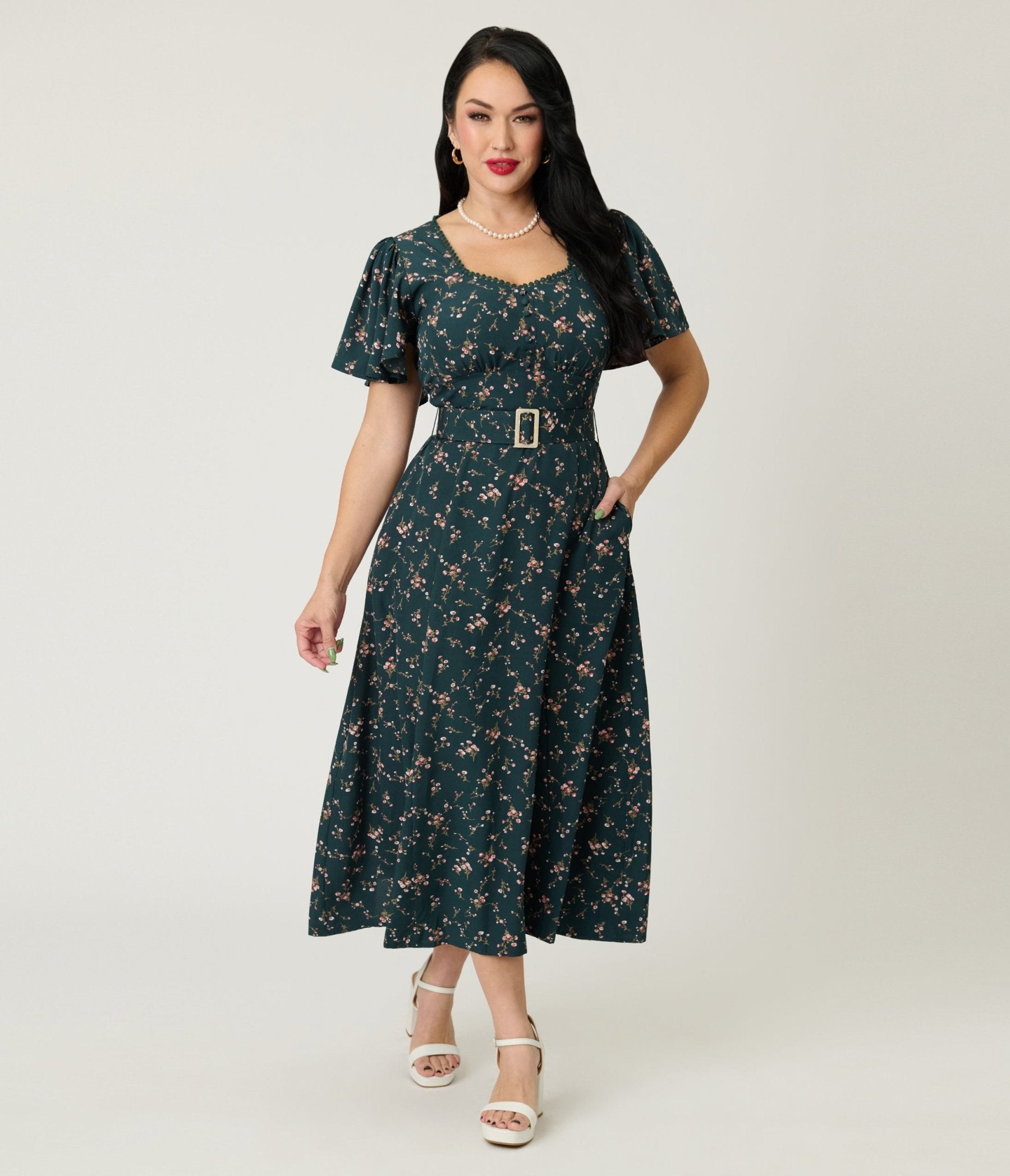 Unique Vintage 1940s Teal Ditzy Floral Print Midi Dress