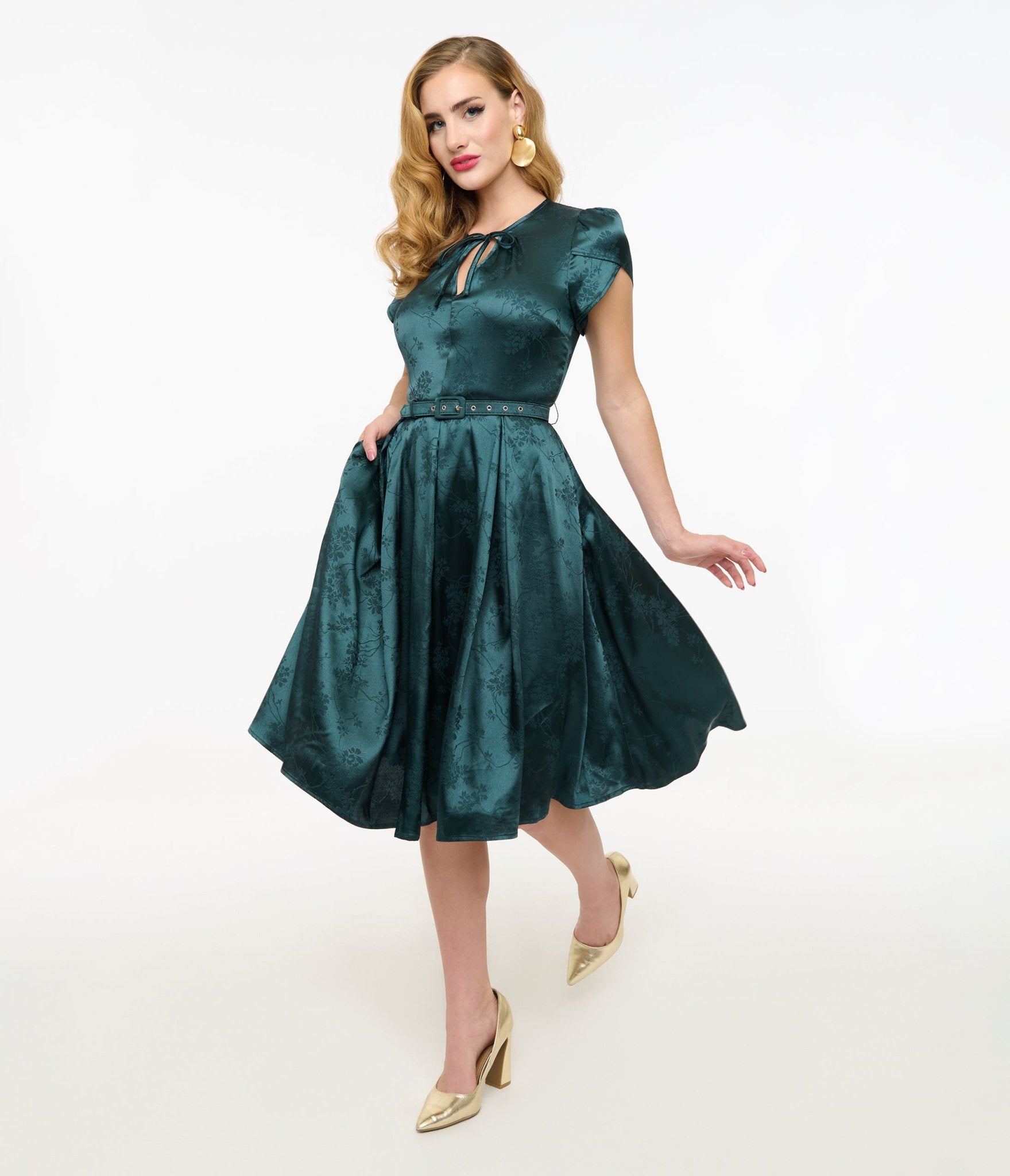 Unique Vintage 1940s Teal Floral Print Dahlia Swing Dress - Unique Vintage - Womens, DRESSES, SWING