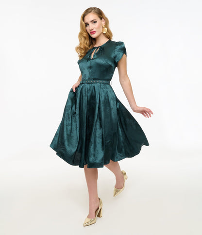 Unique Vintage 1940s Teal Floral Print Dahlia Swing Dress - Unique Vintage - Womens, DRESSES, SWING