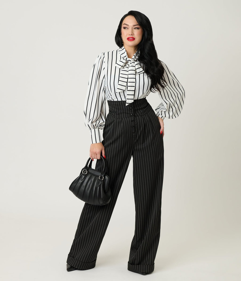 Unique Vintage 1940s White & Black Stripe Neck Tie Gwen Blouse - Unique Vintage - Womens, TOPS, WOVEN TOPS