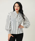Unique Vintage 1940s White & Black Stripe Neck Tie Gwen Blouse - Unique Vintage - Womens, TOPS, WOVEN TOPS