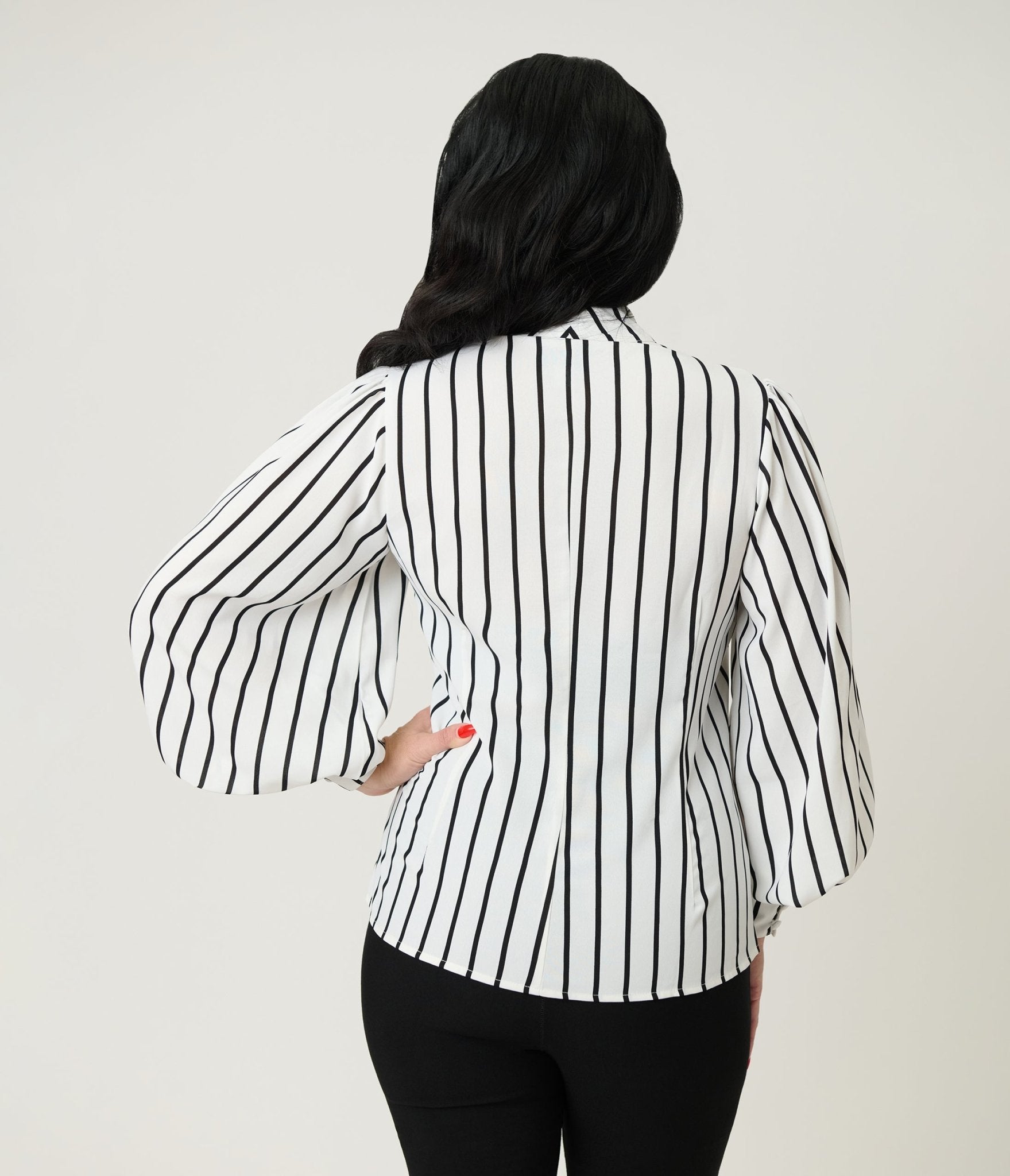 Unique Vintage 1940s White & Black Stripe Neck Tie Gwen Blouse - Unique Vintage - Womens, TOPS, WOVEN TOPS