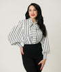 Unique Vintage 1940s White & Black Stripe Neck Tie Gwen Blouse