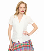 Unique Vintage 1940s White Jacquard Notched Collar Blouse - Unique Vintage - Womens, TOPS, WOVEN TOPS