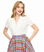 Unique Vintage 1940s White Jacquard Notched Collar Blouse - Unique Vintage - Womens, TOPS, WOVEN TOPS