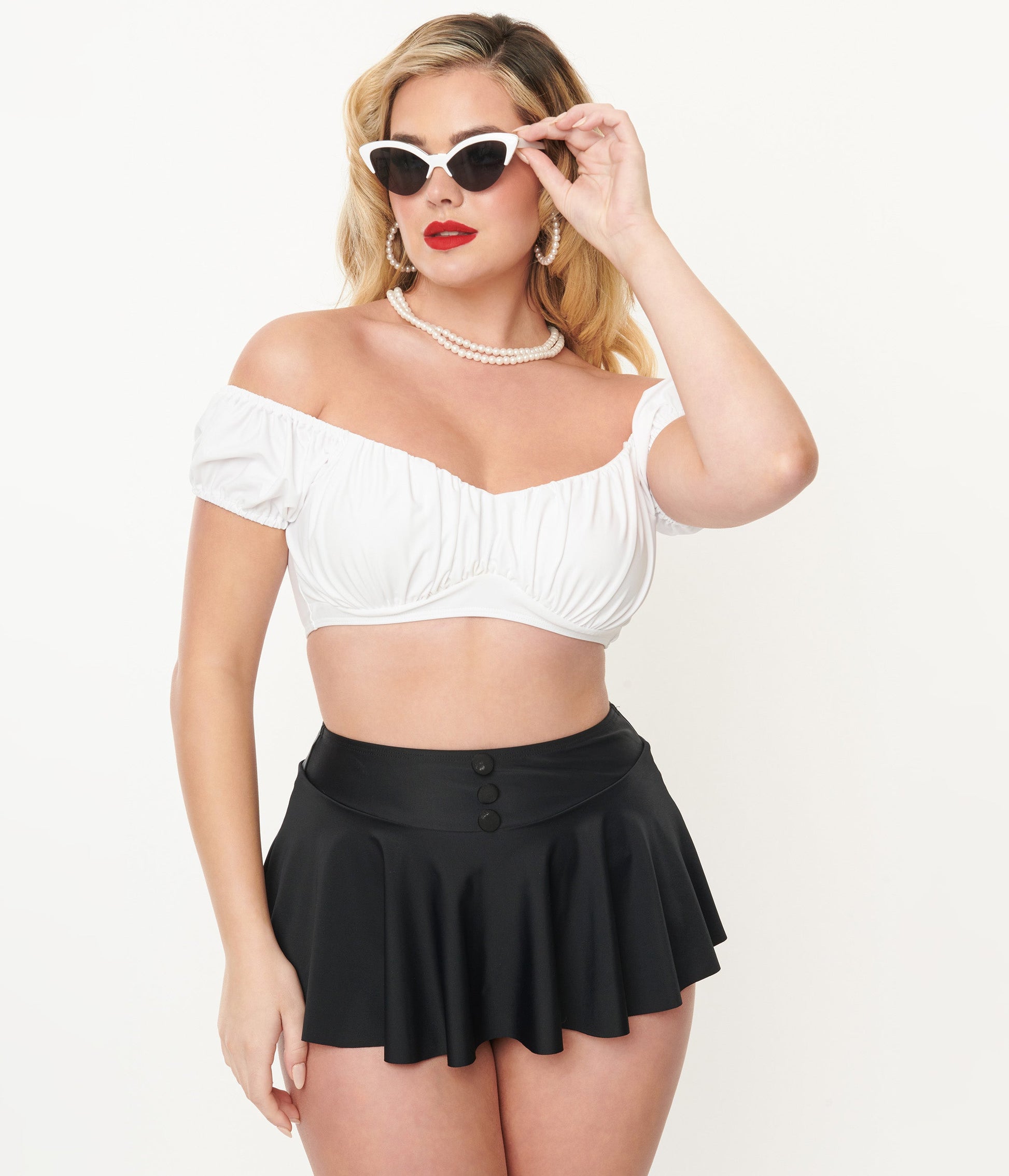 Unique Vintage 1940s White Off The Shoulder Swim Top - Unique Vintage - Womens, SWIM, TOP