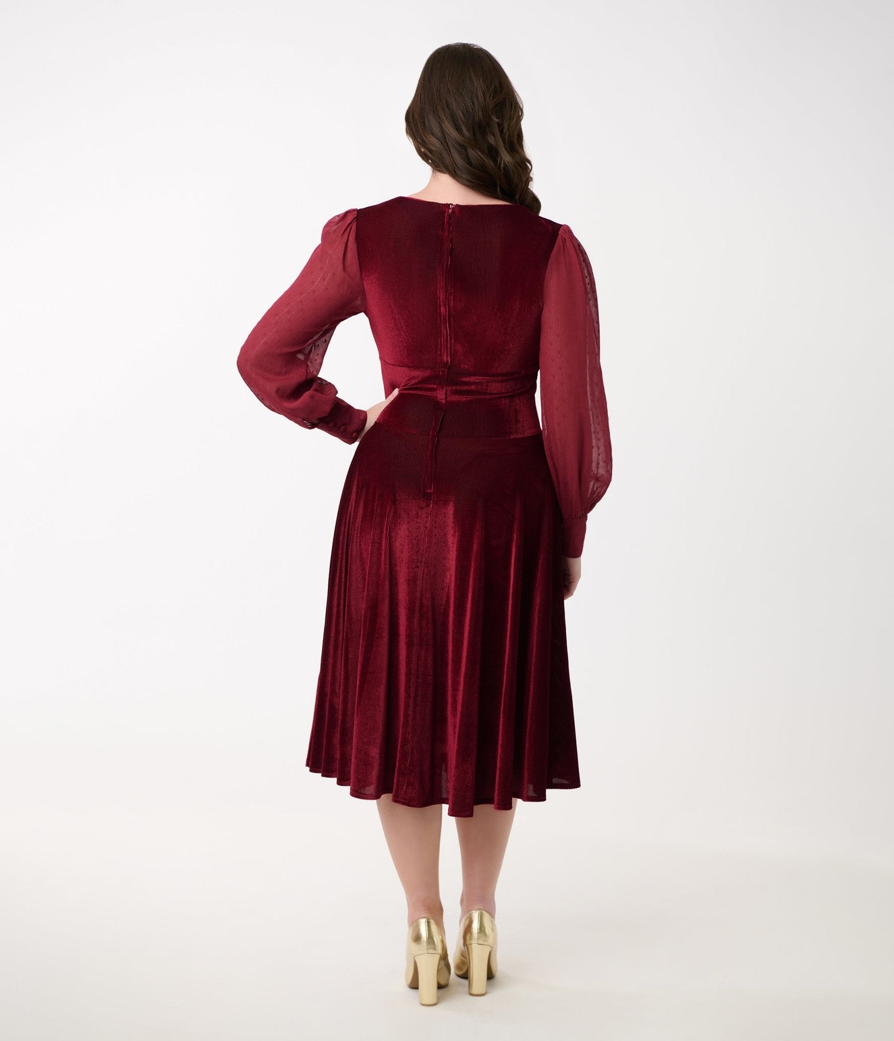 Unique Vintage 1950s Berry Velvet Sheer Sleeve Delores Swing Dress - Unique Vintage - Womens, DRESSES, SWING