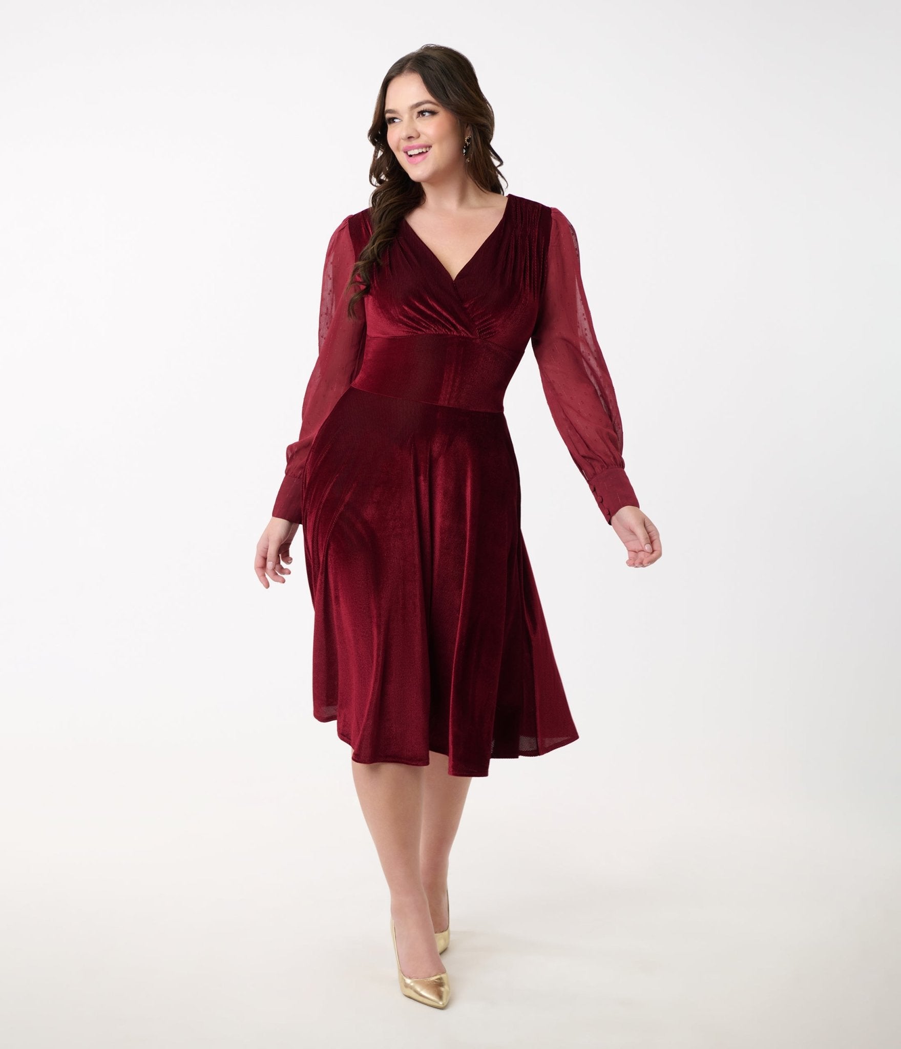 Unique Vintage 1950s Berry Velvet Sheer Sleeve Delores Swing Dress - Unique Vintage - Womens, DRESSES, SWING