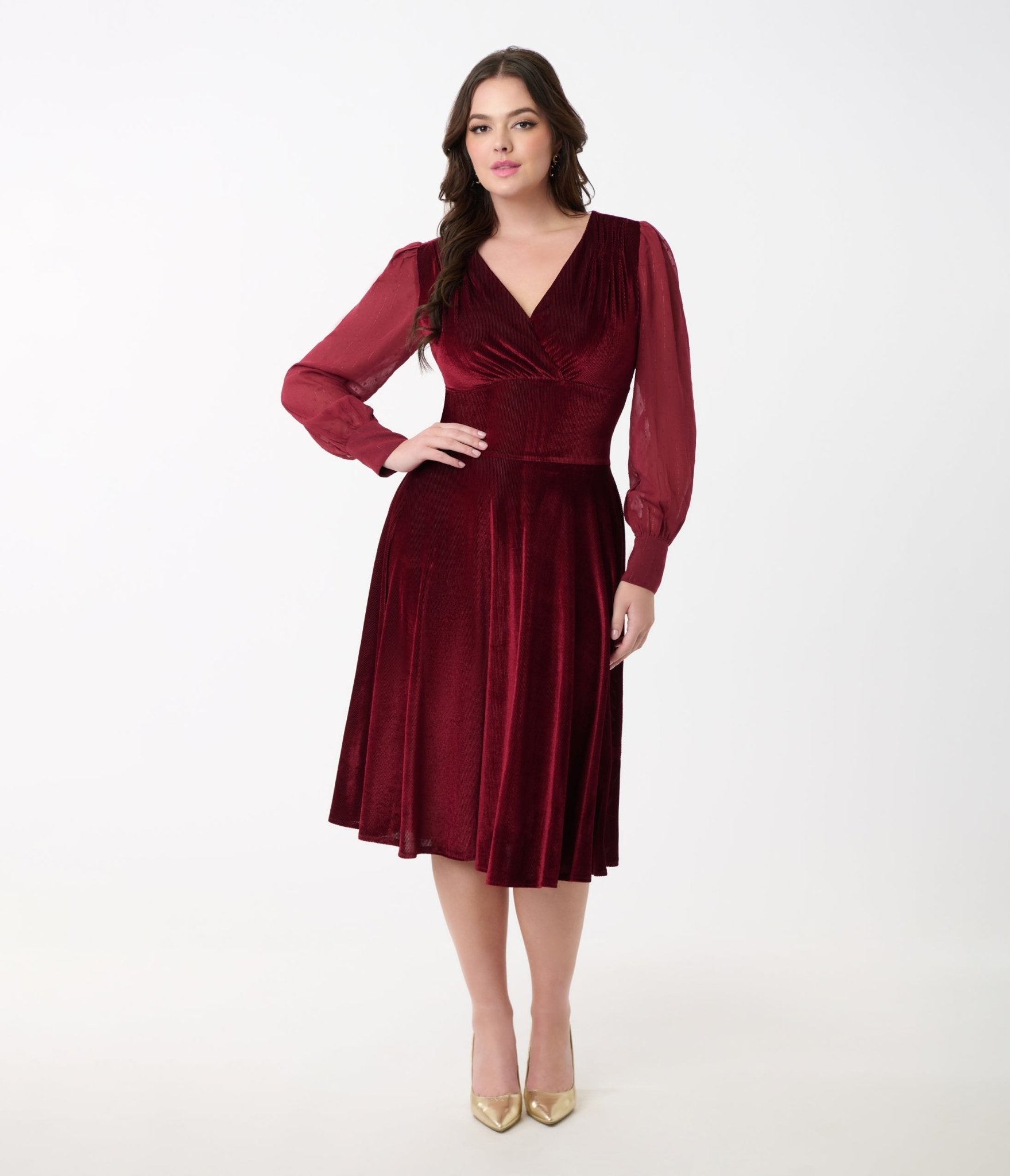 Unique Vintage 1950s Berry Velvet Sheer Sleeve Delores Swing Dress - Unique Vintage - Womens, DRESSES, SWING