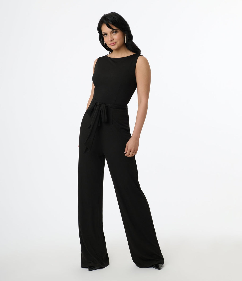 Unique Vintage 1950s Black Boat Neck Jumpsuit - Unique Vintage - Womens, BOTTOMS, ROMPERS AND JUMPSUITS