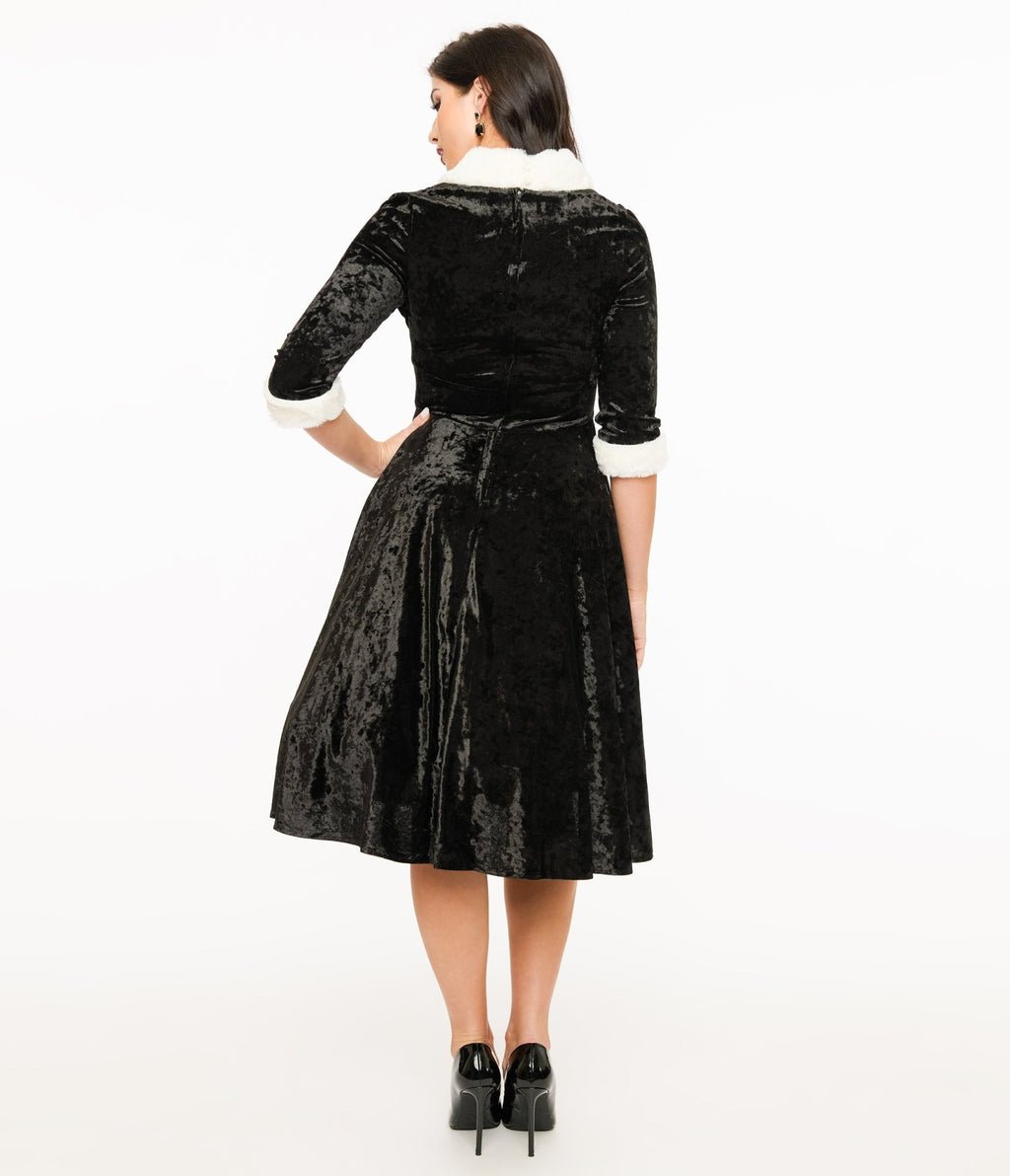 Unique Vintage 1950s Black Crushed Velvet & White Fur Delores Swing Dress - Unique Vintage - Womens, DRESSES, SWING