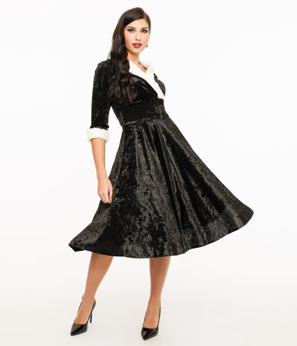 Unique Vintage 1950s Black Crushed Velvet & White Fur Delores Swing Dress - Unique Vintage - Womens, DRESSES, SWING