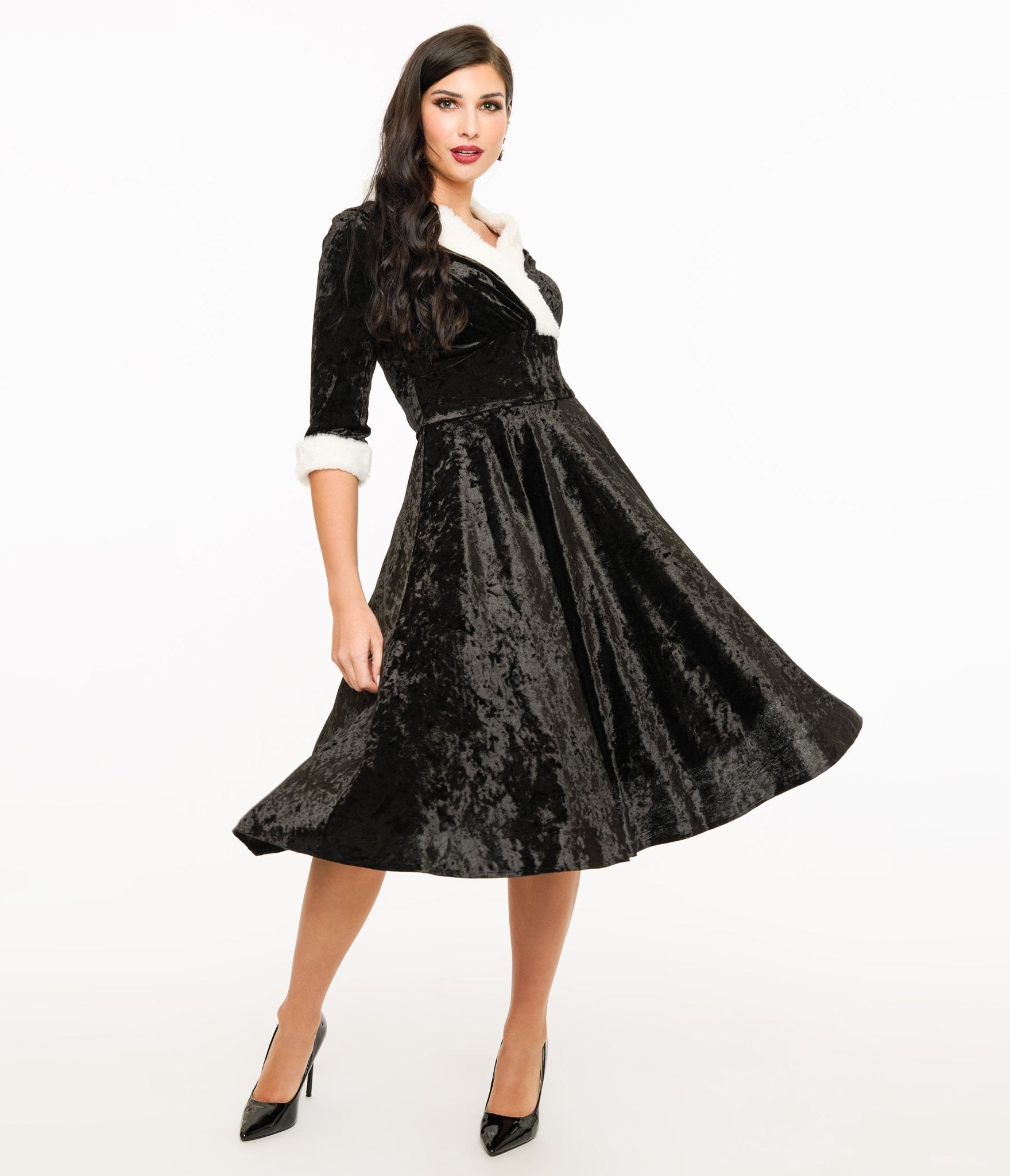 Unique Vintage 1950s Black Crushed Velvet & White Fur Delores Swing Dress - Unique Vintage - Womens, DRESSES, SWING