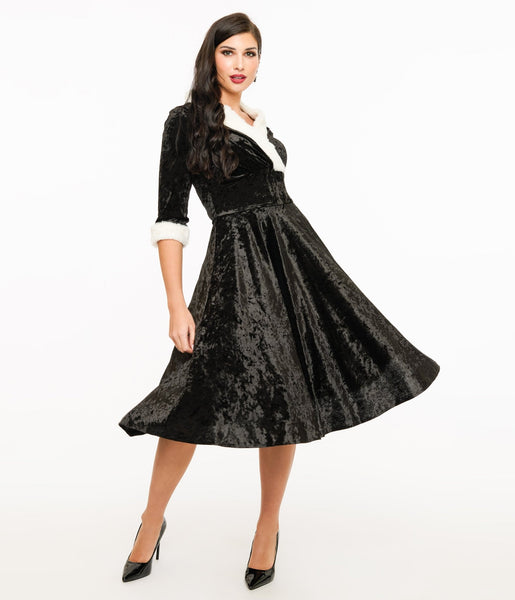 Unique Vintage 1950s Black Crushed Velvet & White Fur Delores Swing Dr