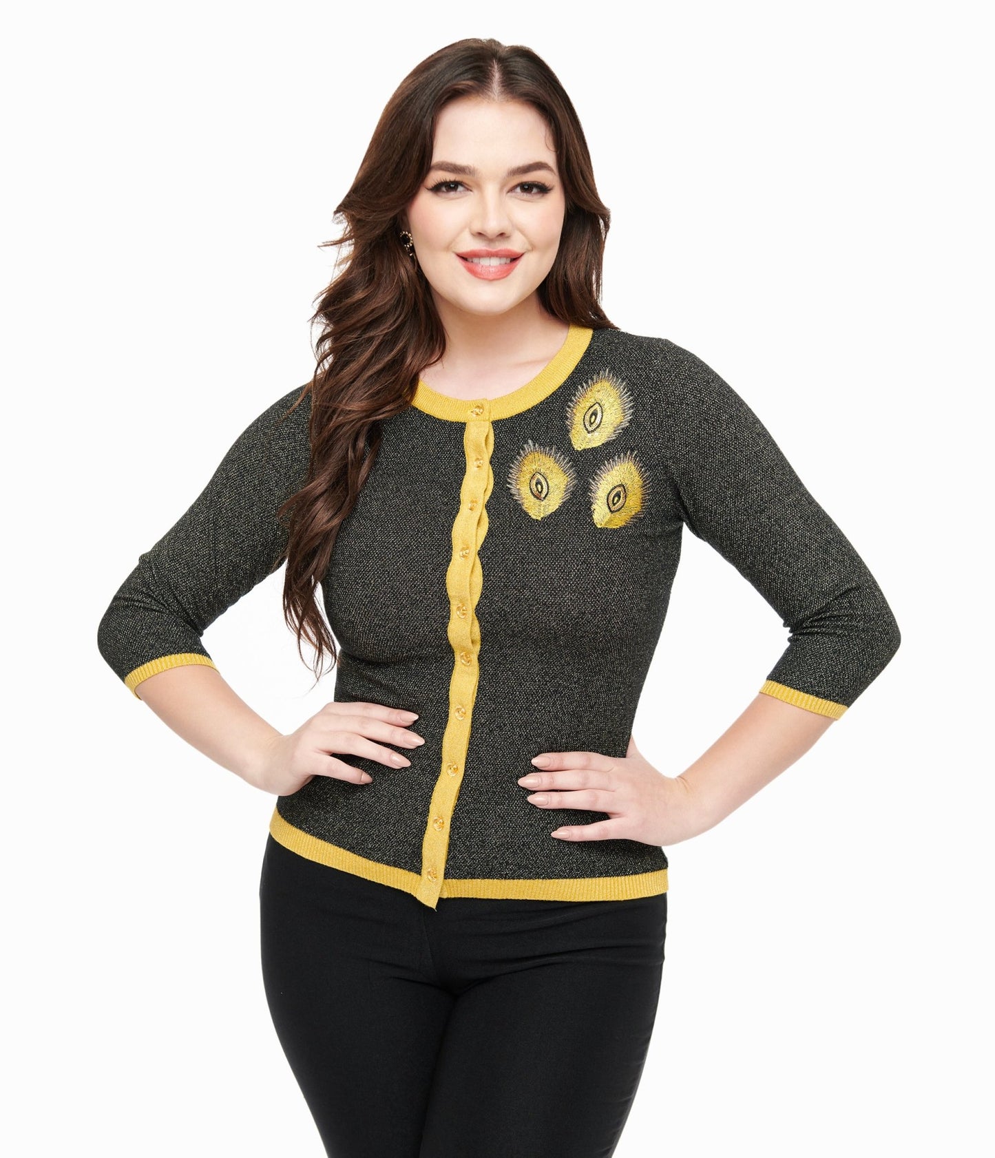 Unique Vintage 1950s Black & Gold Peacock Feather Embroidered Bookworm Cardigan - Unique Vintage - Womens, TOPS, SWEATERS