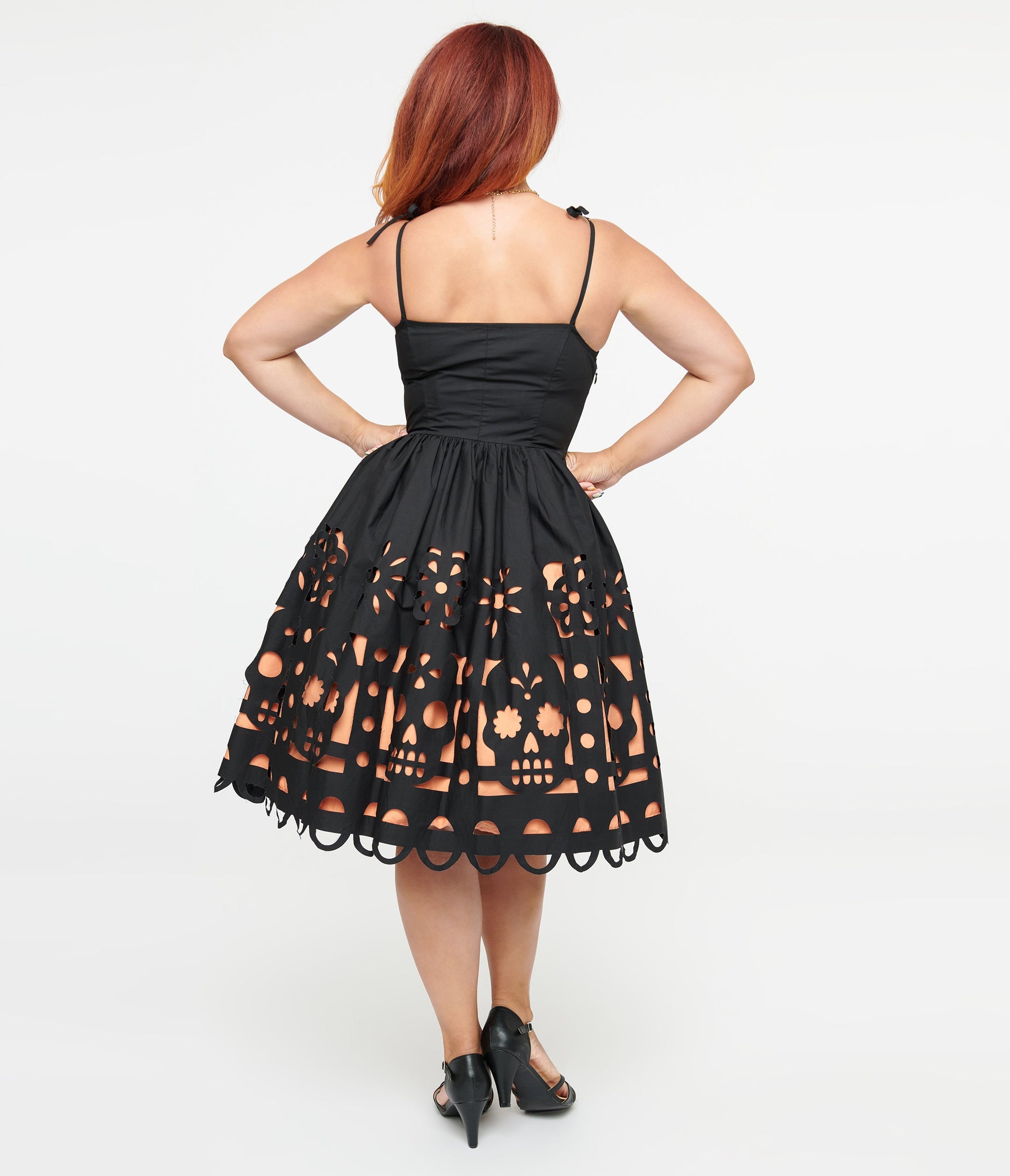 Unique Vintage 1950s Black & Orange Dia De Los Muertos Cutout Bobbie Swing Dress - Unique Vintage - Womens, DRESSES, SWING