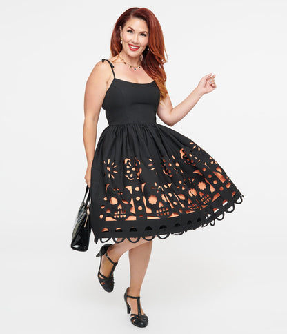 Unique Vintage 1950s Black & Orange Dia De Los Muertos Cutout Bobbie Swing Dress - Unique Vintage - Womens, DRESSES, SWING