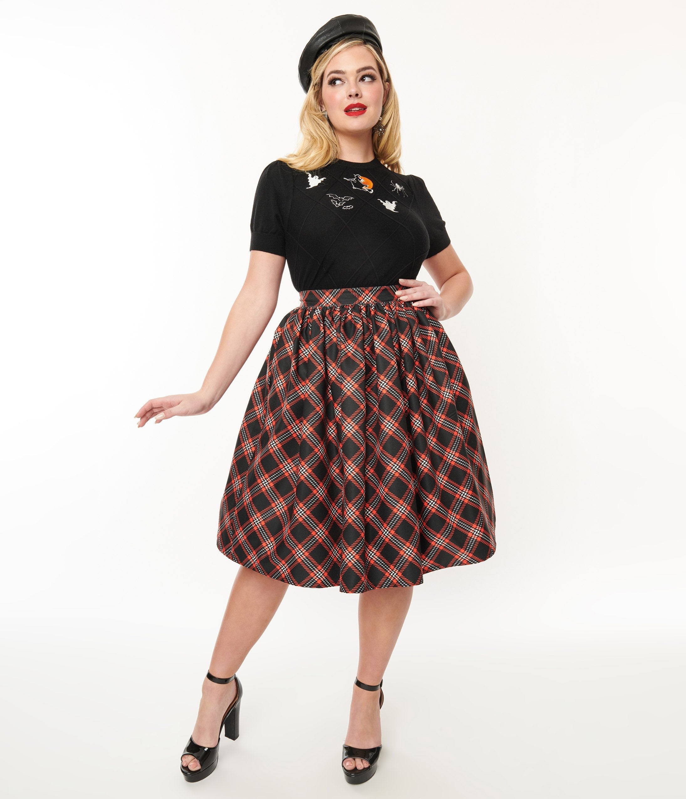 Unique Vintage 1950s Black & Orange Plaid Gellar Swing Skirt - Unique Vintage - Womens, BOTTOMS, SKIRTS