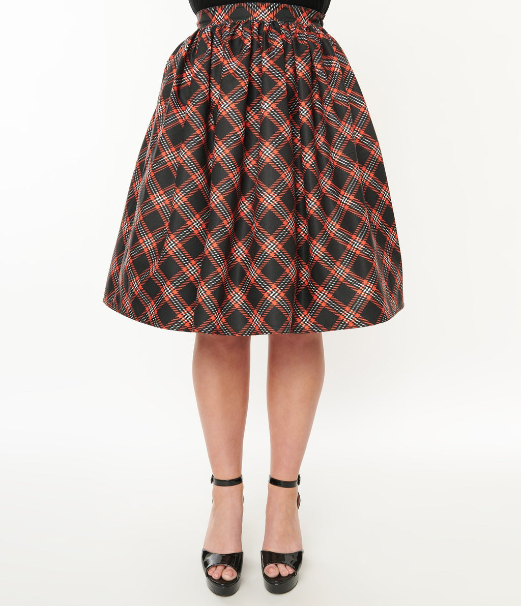 Unique Vintage 1950s Black & Orange Plaid Gellar Swing Skirt - Unique Vintage - Womens, BOTTOMS, SKIRTS
