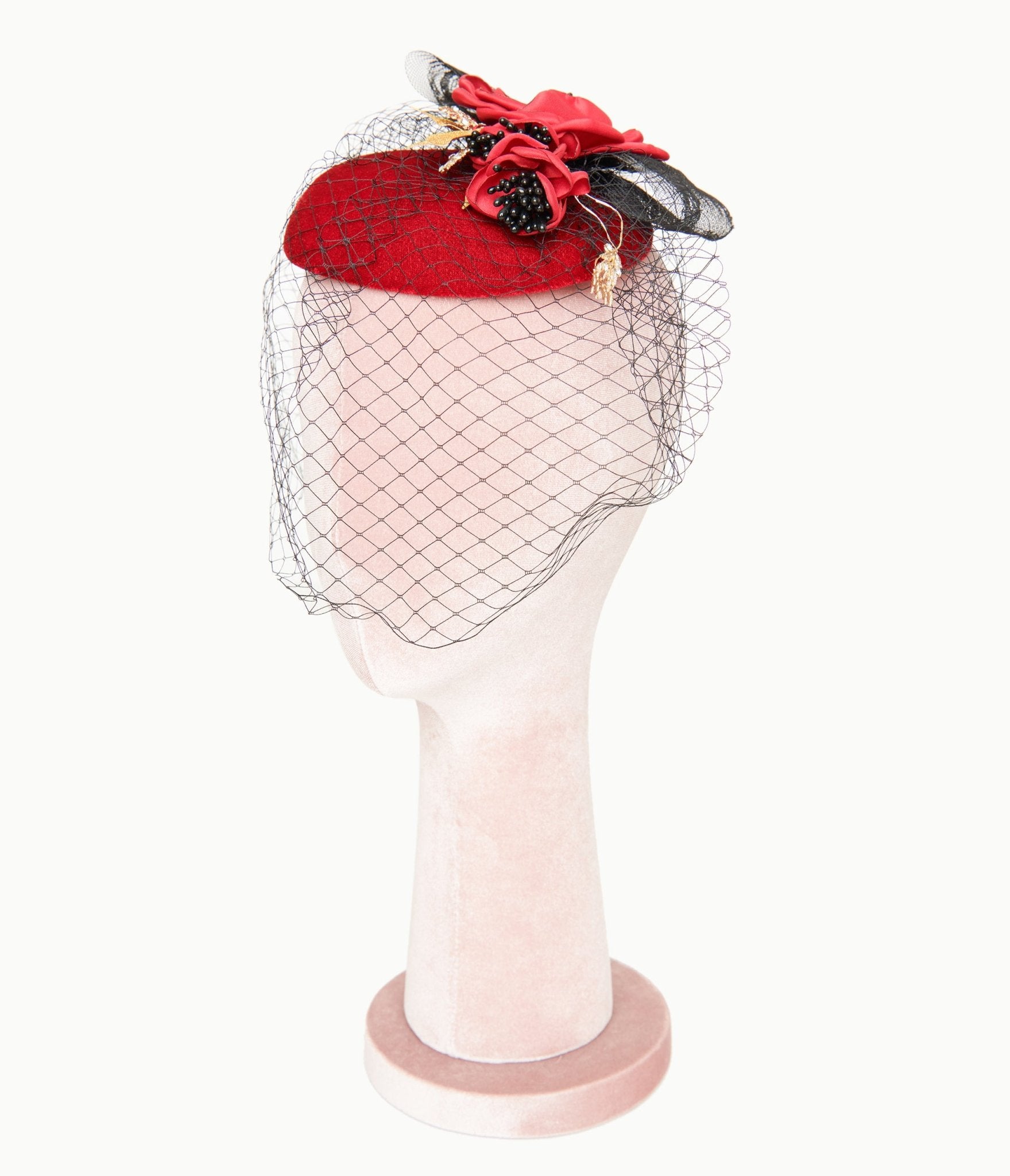 Unique Vintage 1950s Black & Red Floral Fascinator Hat - Unique Vintage - Womens, ACCESSORIES, HATS