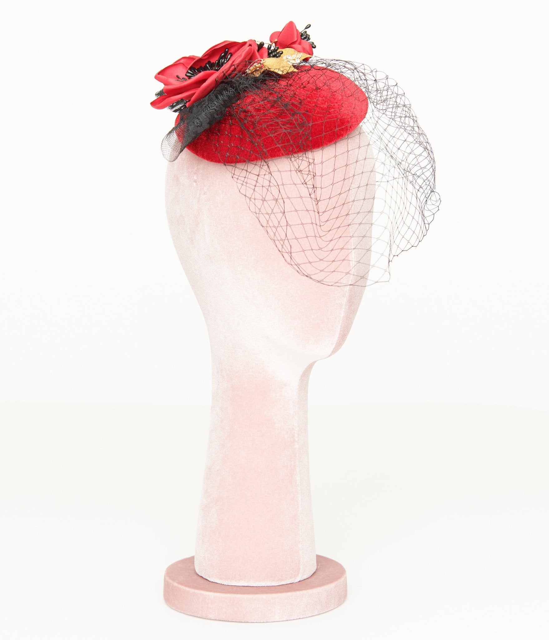 Unique Vintage 1950s Black & Red Floral Fascinator Hat - Unique Vintage - Womens, ACCESSORIES, HATS