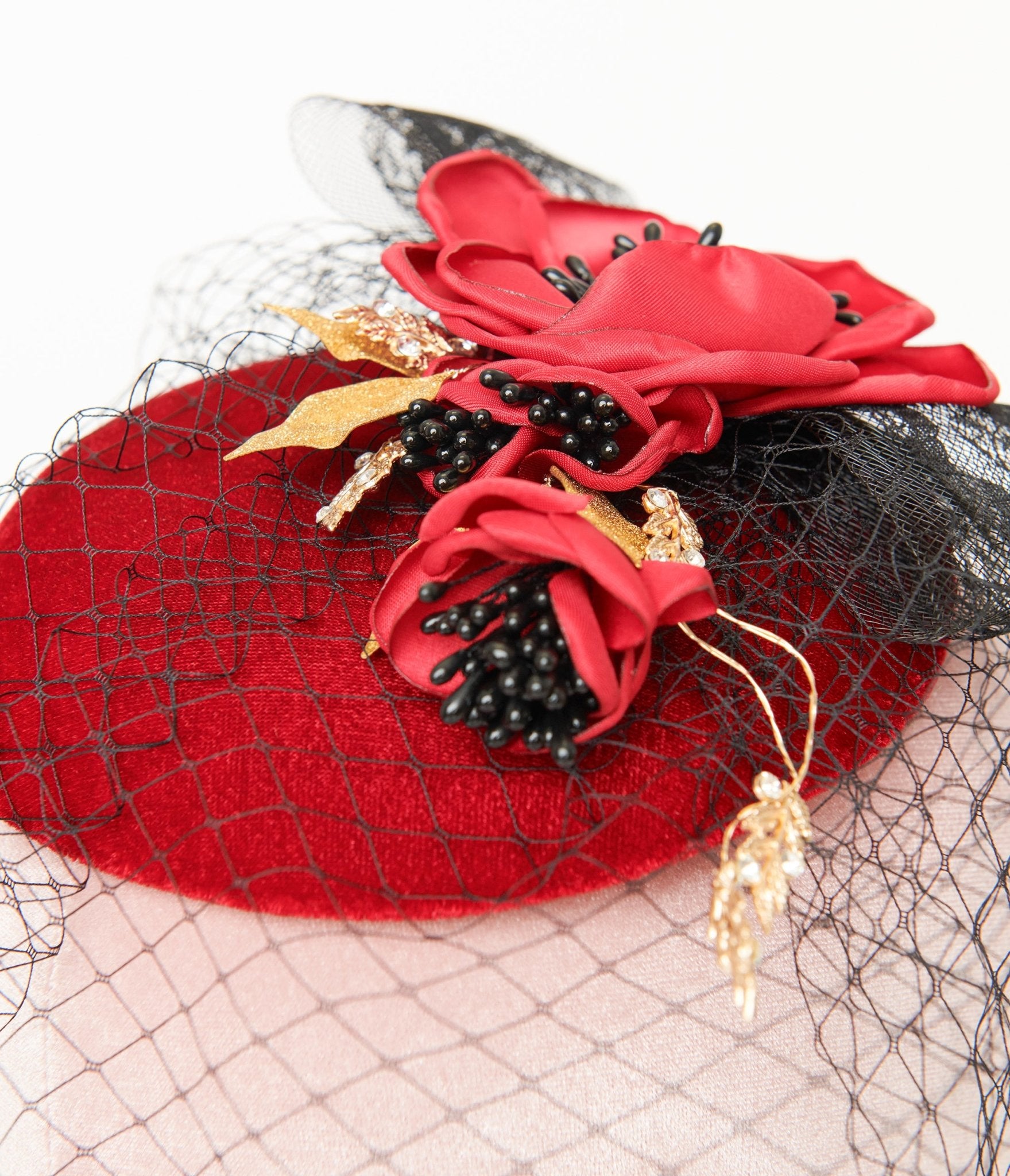 Unique Vintage 1950s Black & Red Floral Fascinator Hat - Unique Vintage - Womens, ACCESSORIES, HATS