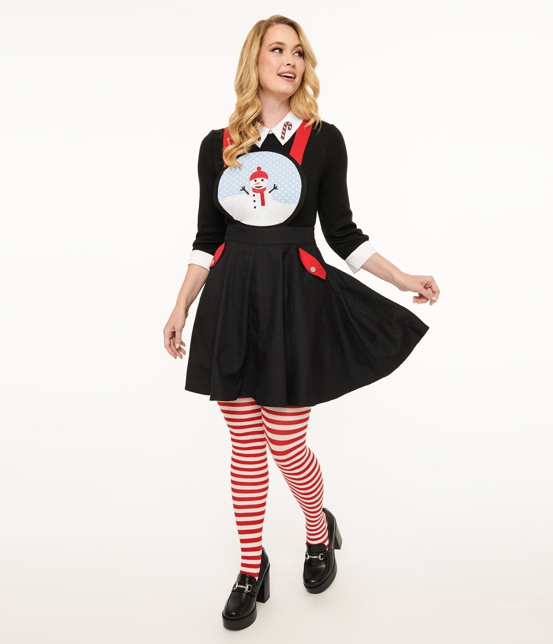 Unique Vintage 1950s Black & Red Snowman Snow Globe Pinafore - Unique Vintage - Womens, BOTTOMS, SKIRTS
