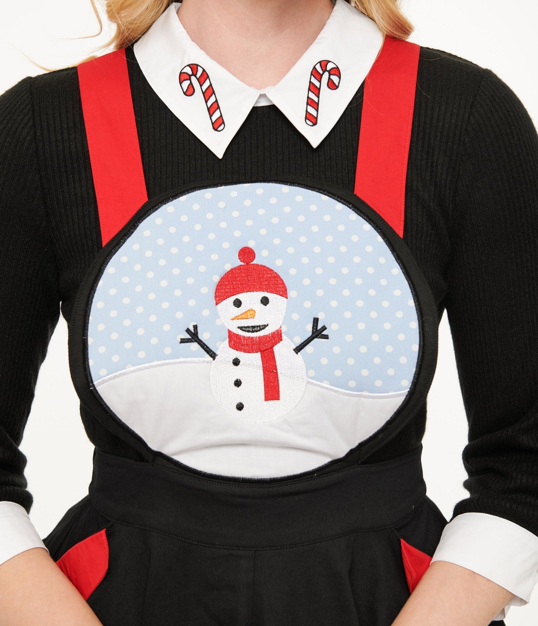 Unique Vintage 1950s Black & Red Snowman Snow Globe Pinafore - Unique Vintage - Womens, BOTTOMS, SKIRTS