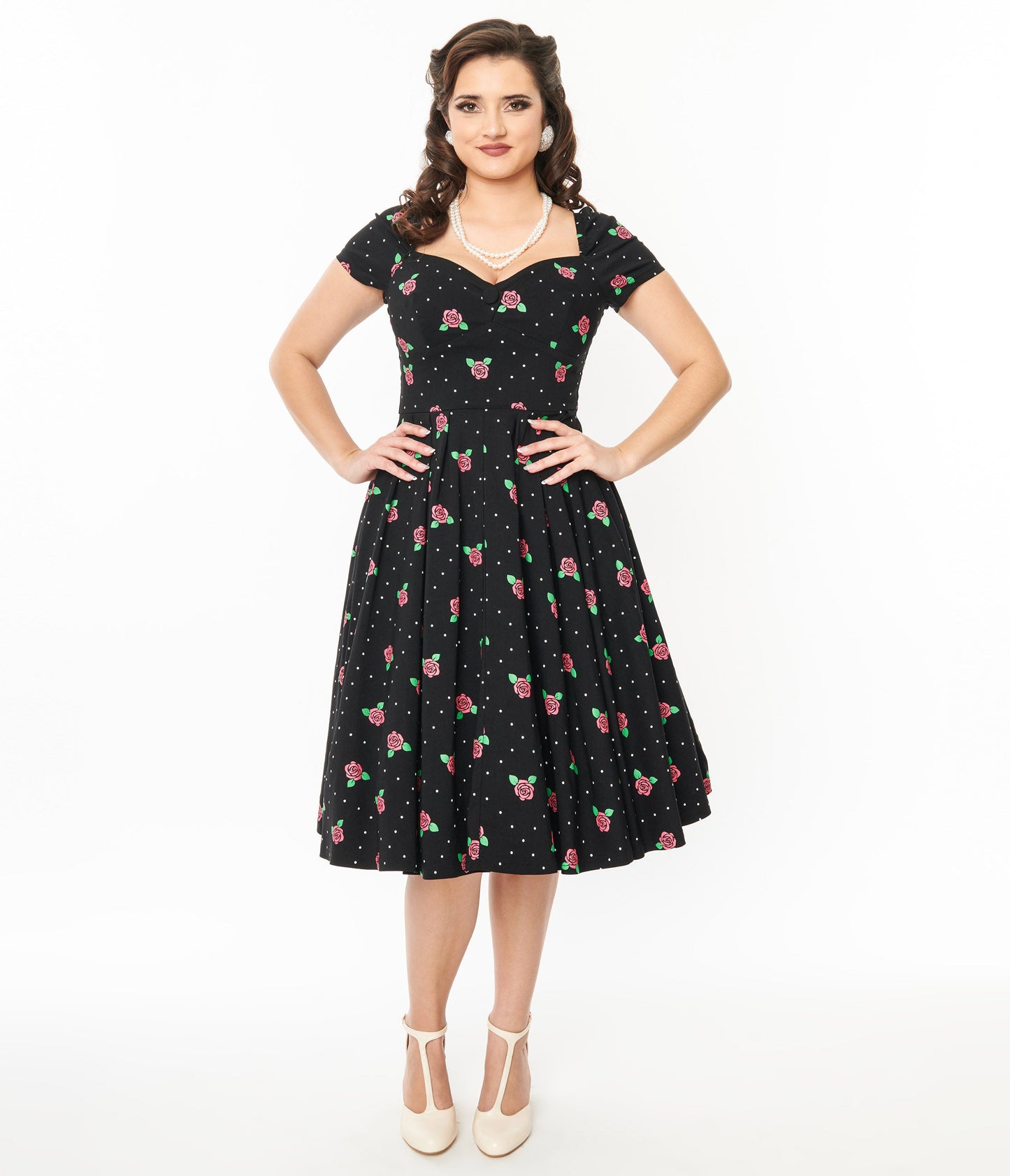 Unique Vintage 1950s Black & Rose Stamp Midge Swing Dress - Unique Vintage - Womens, DRESSES, SWING