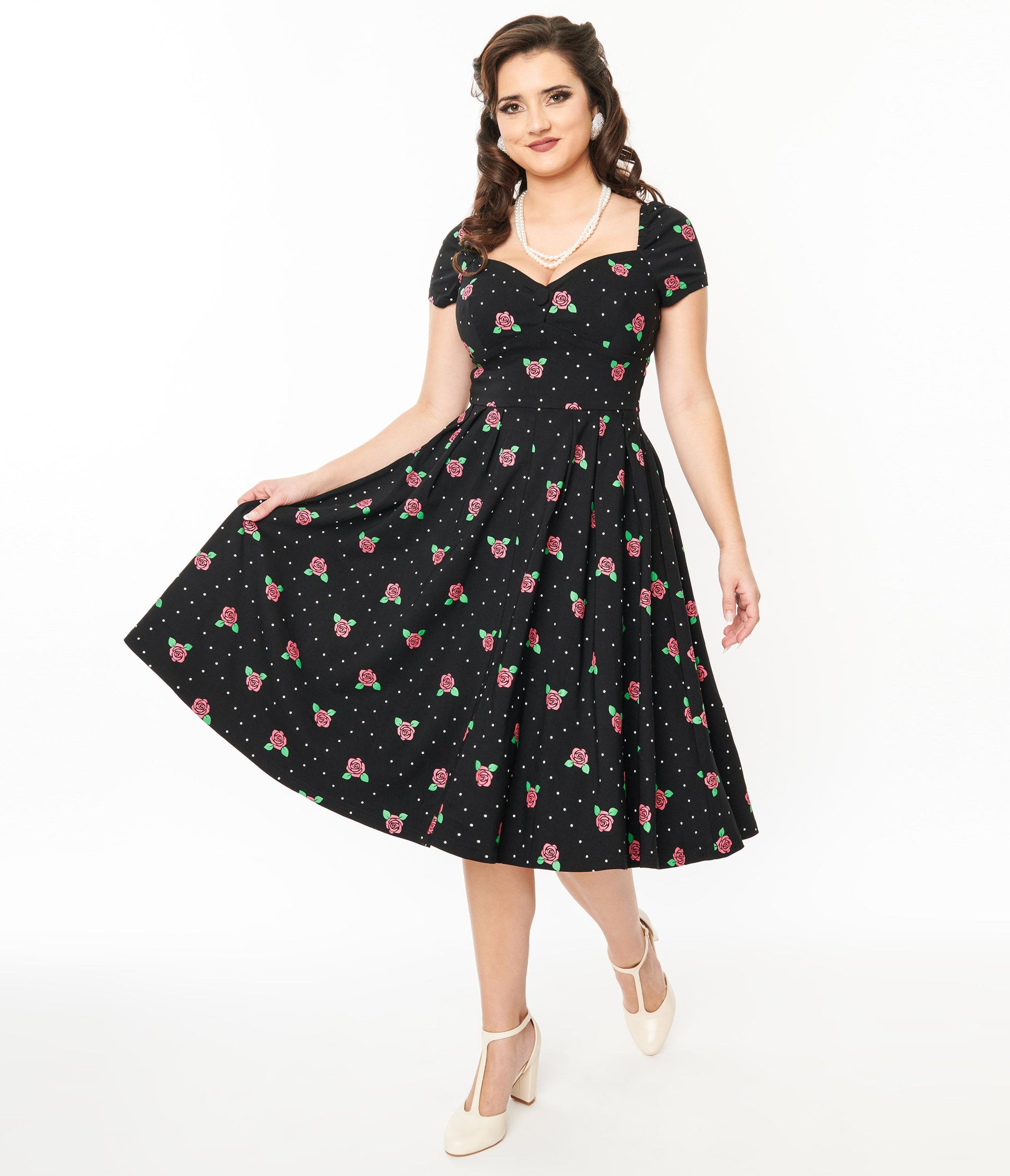 Unique Vintage 1950s Black & Rose Stamp Midge Swing Dress - Unique Vintage - Womens, DRESSES, SWING