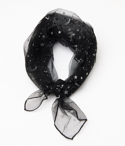 Unique Vintage 1950s Black & Silver Star Print Hair Scarf - Unique Vintage - Womens, ACCESSORIES, GLOVES/SCARVES