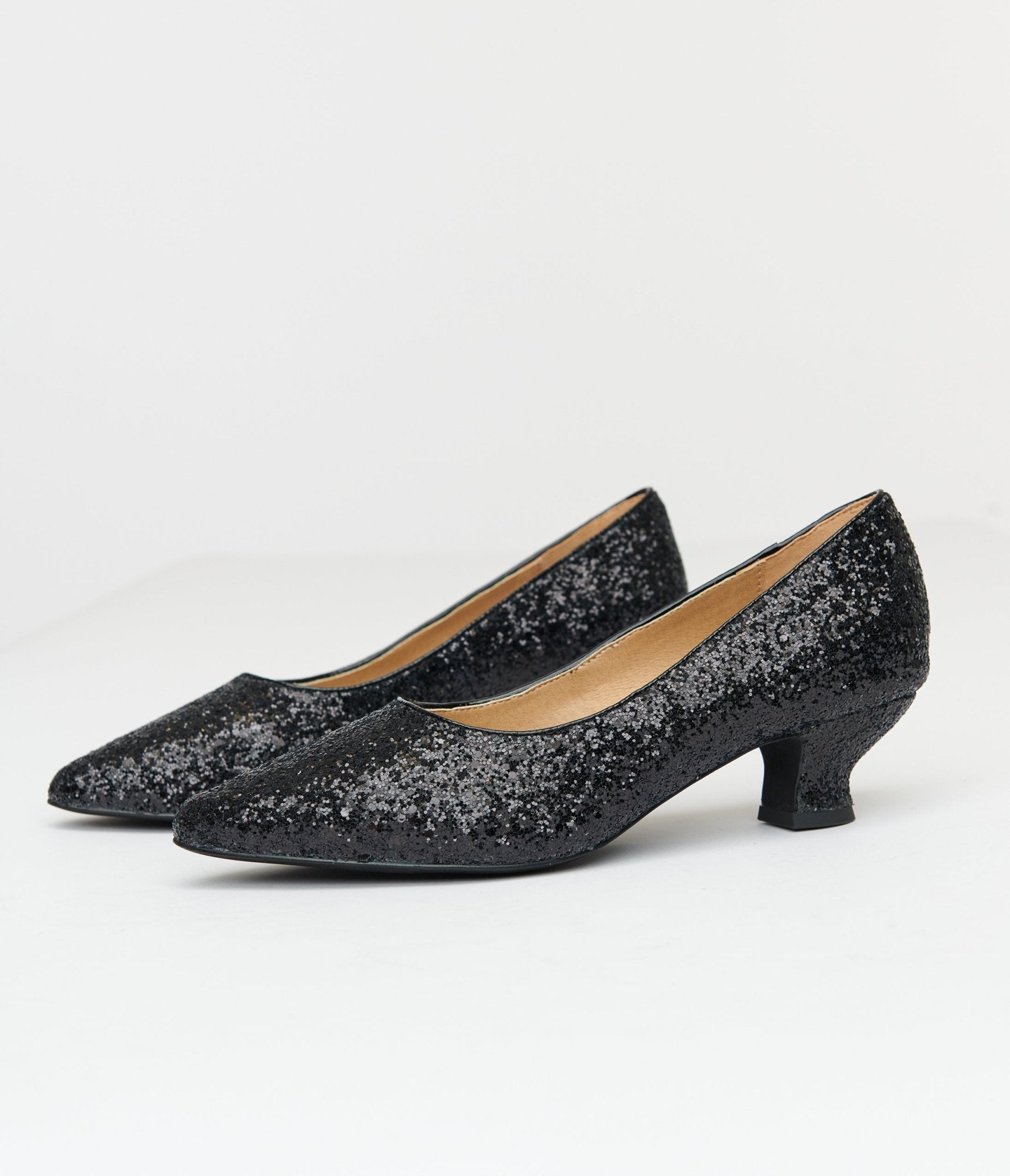 Black Glitter Sparkly Mid Heel Shoes Court Shoes Black Sparkly