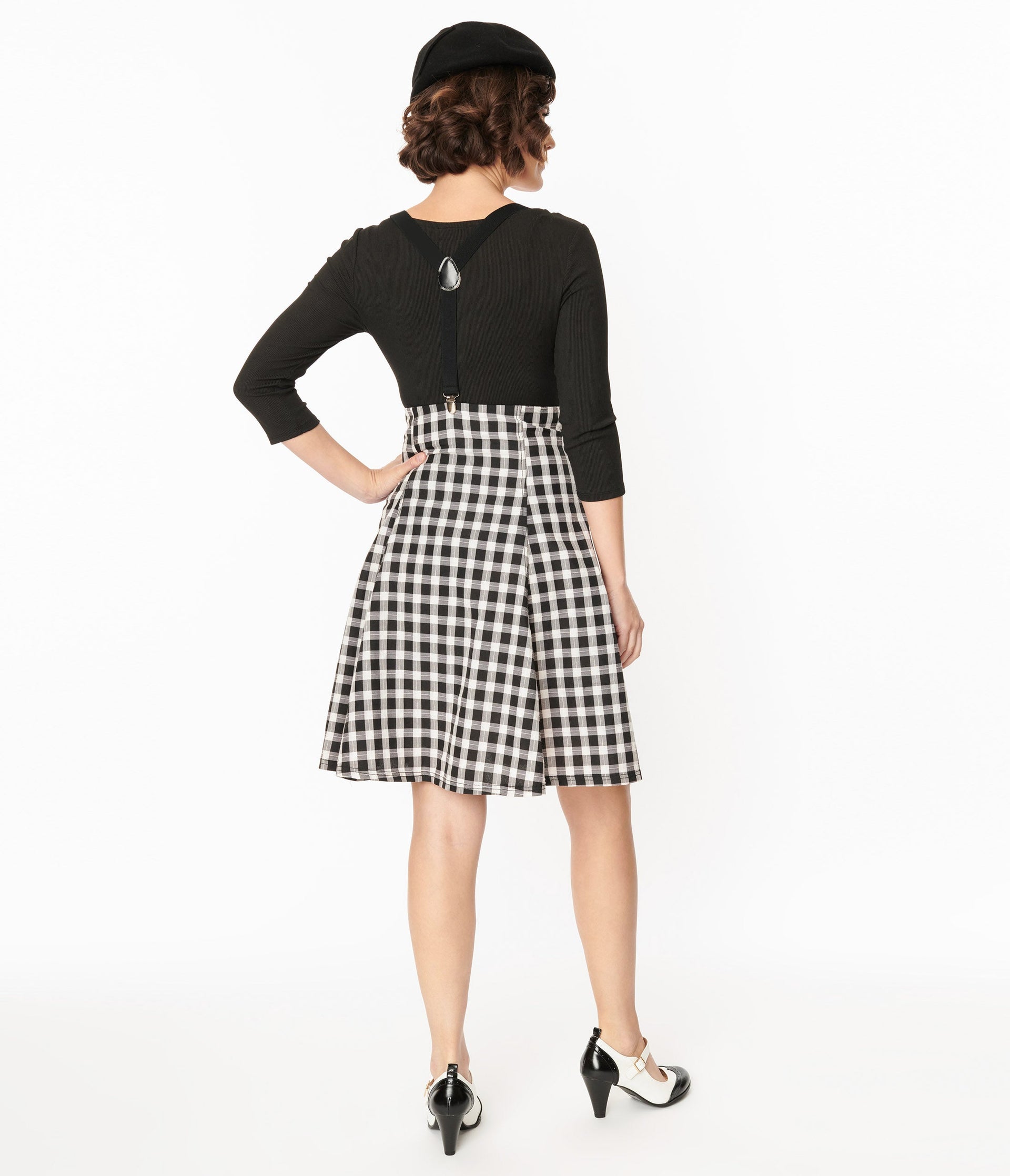 Unique Vintage 1950s Black & White Gingham Suspender Flare Skirt - Unique Vintage - Womens, BOTTOMS, SKIRTS