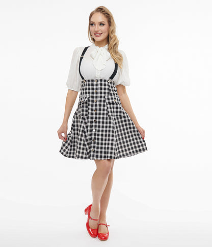 Unique Vintage 1950s Black & White Gingham Suspender Flare Skirt - Unique Vintage - Womens, BOTTOMS, SKIRTS