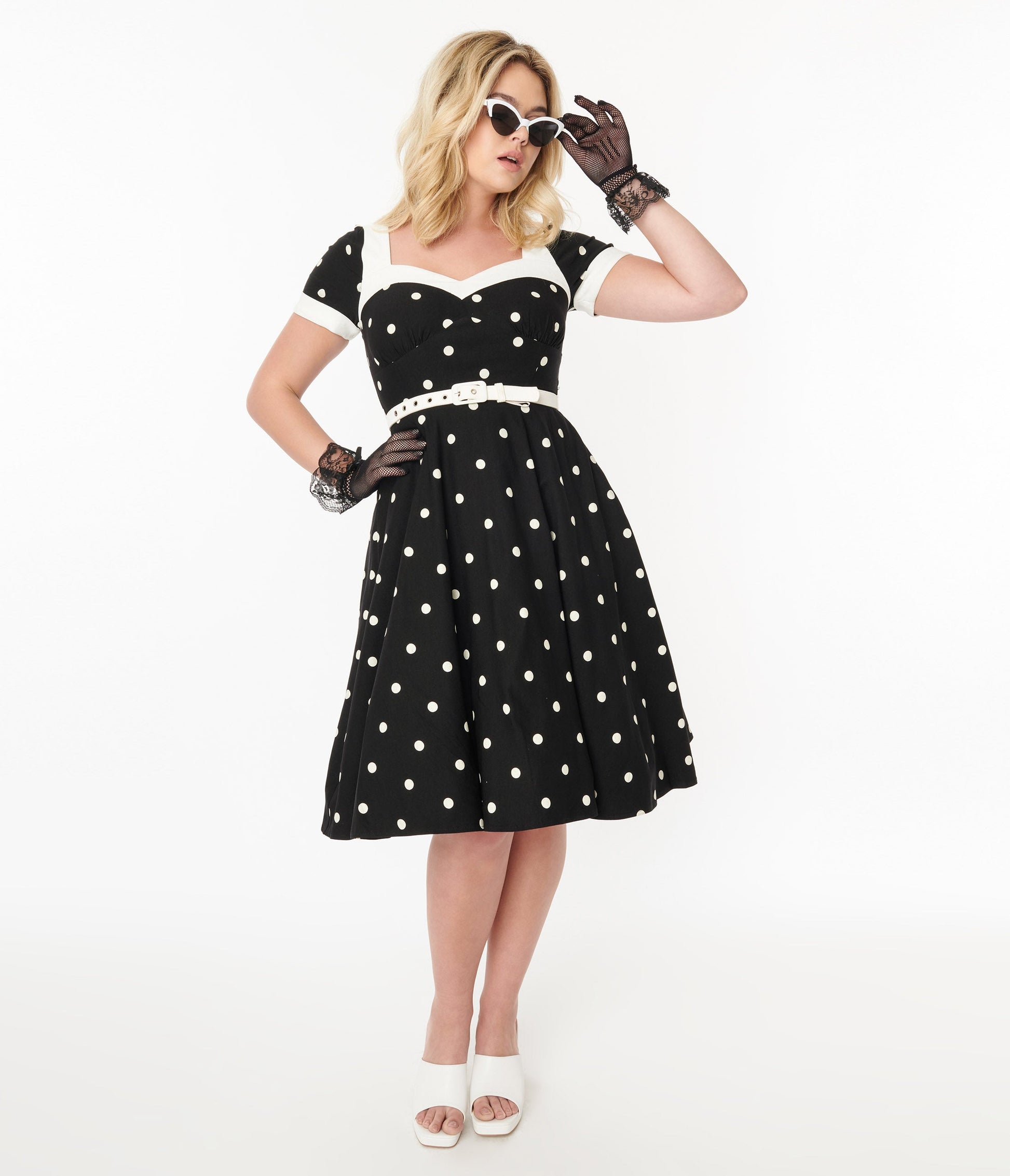 Unique Vintage 1950s Black & White Polka Dot Swing Dress - Unique Vintage - Womens, DRESSES, DOTMC