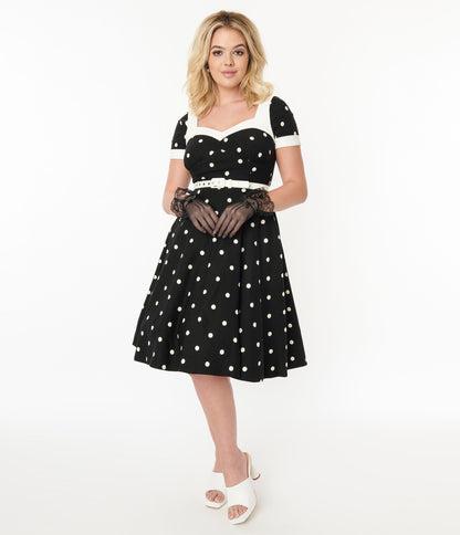 Unique Vintage 1950s Black & White Polka Dot Swing Dress - Unique Vintage - Womens, DRESSES, DOTMC