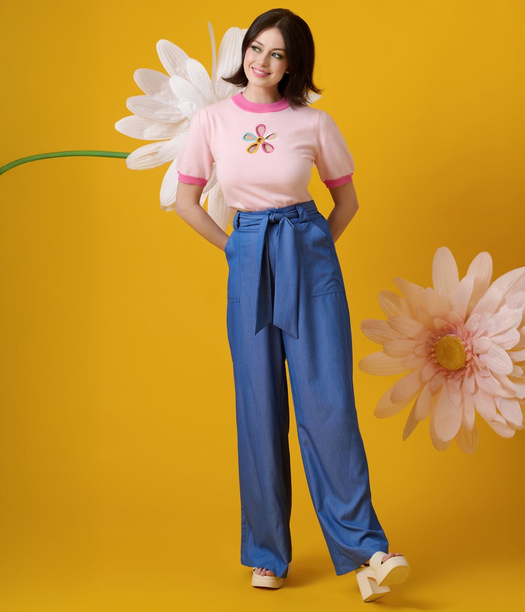 Unique Vintage 1950s Blue Chambray Wide Leg Trousers - Unique Vintage - Womens, BOTTOMS, PANTS