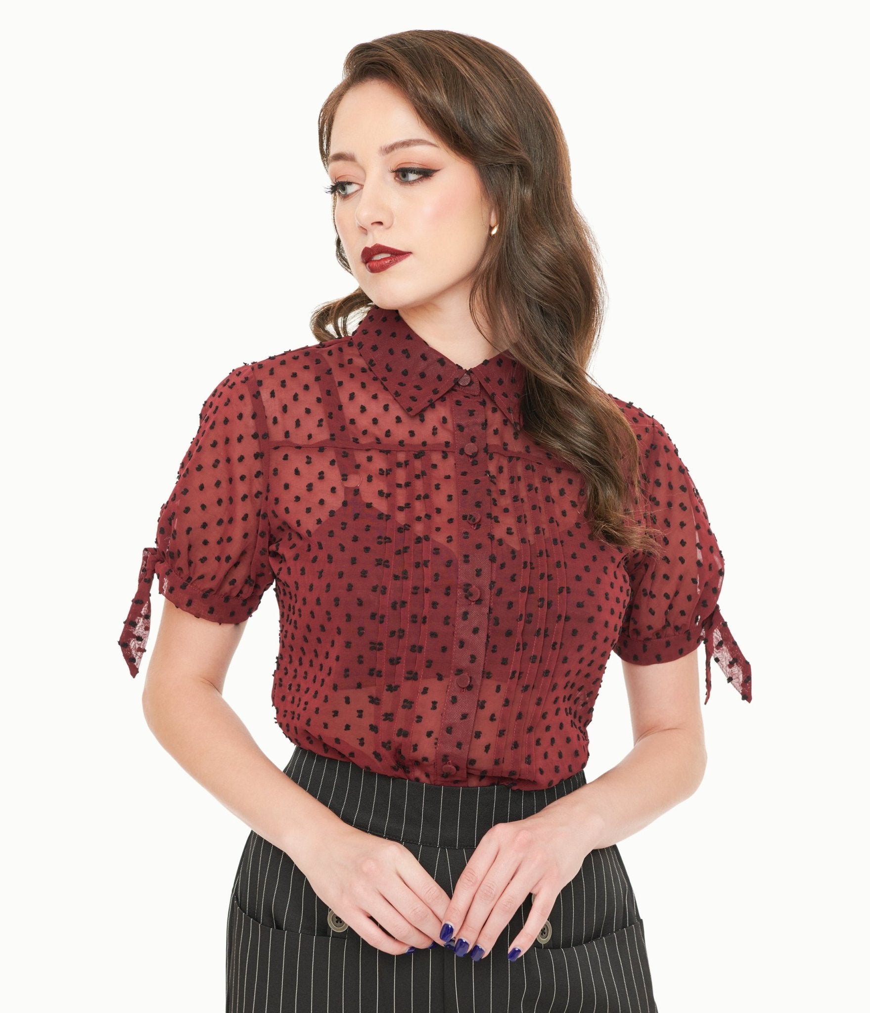 Unique Vintage 1950s Burgundy & Black Clip Dot Tie Cuff Blouse - Unique Vintage - Womens, TOPS, WOVEN TOPS