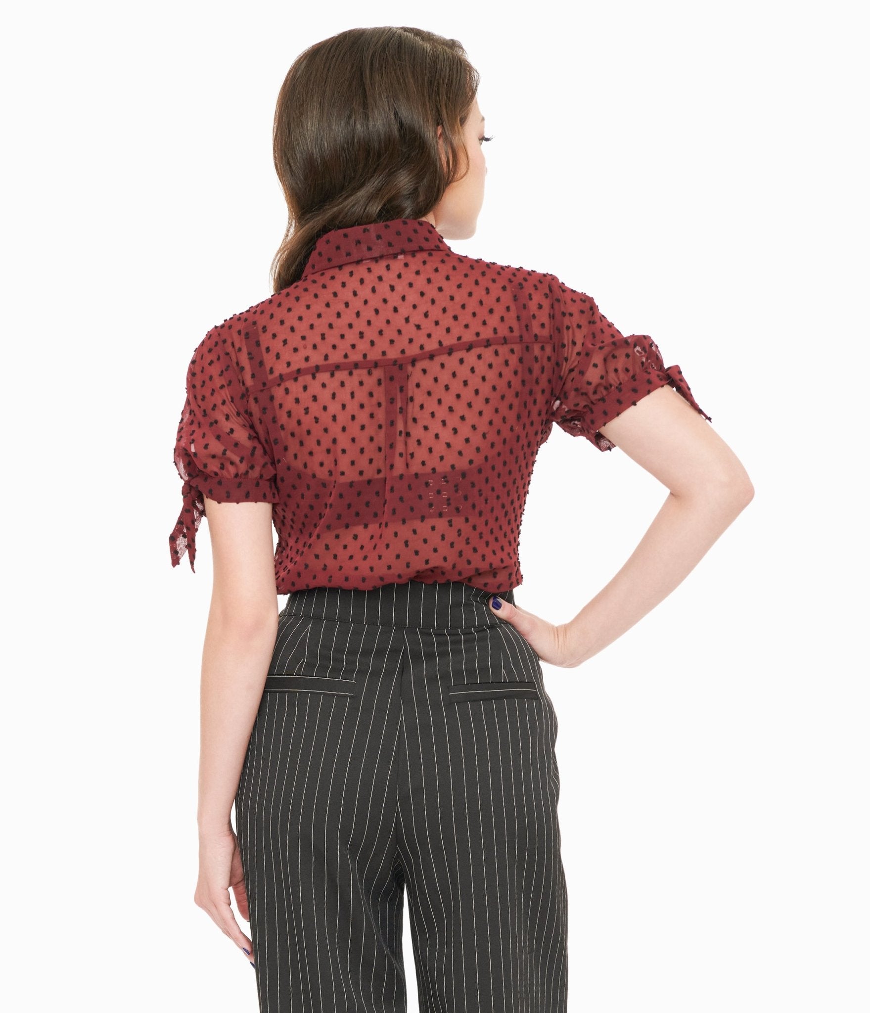 Unique Vintage 1950s Burgundy & Black Clip Dot Tie Cuff Blouse - Unique Vintage - Womens, TOPS, WOVEN TOPS