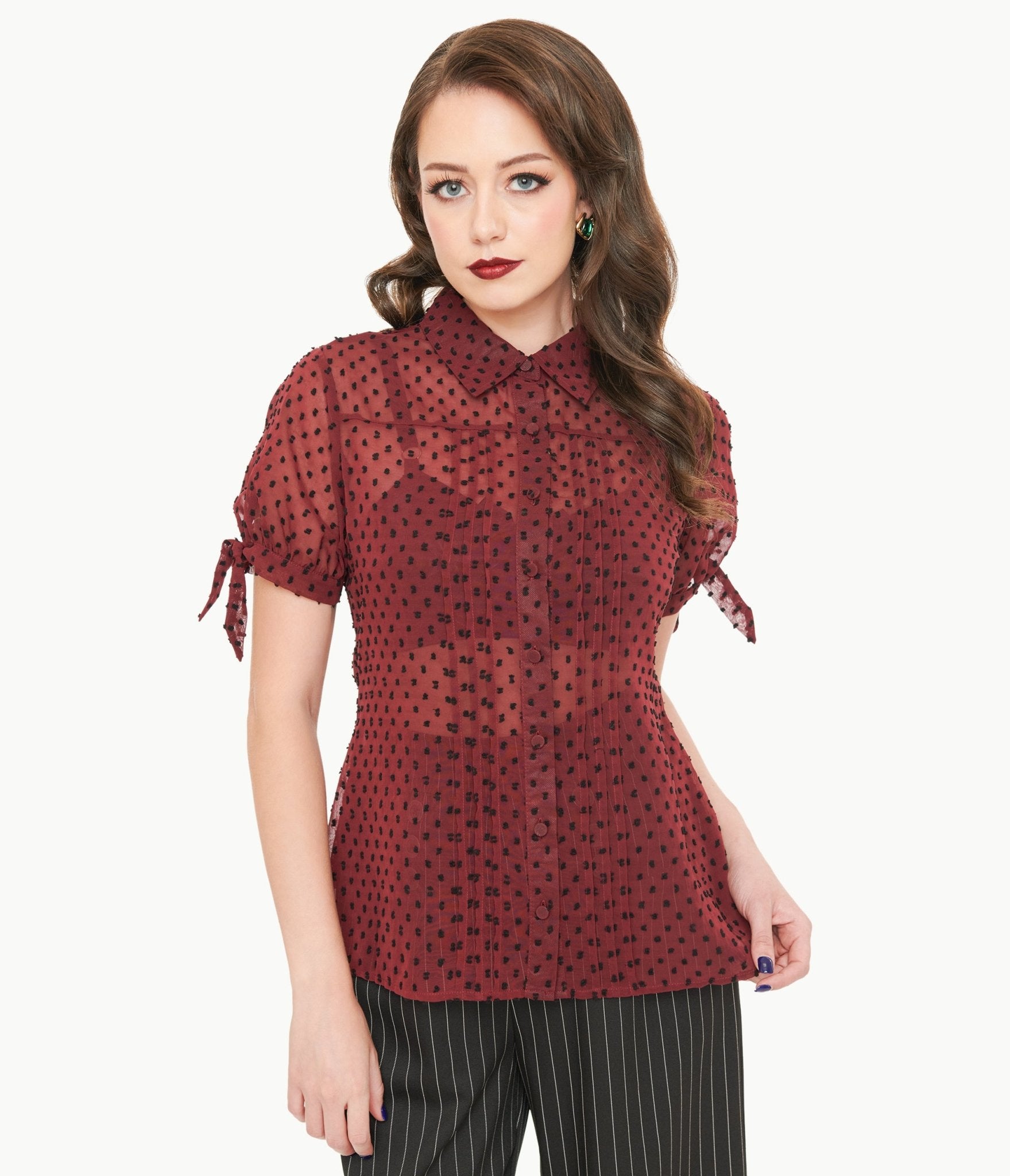 Unique Vintage 1950s Burgundy & Black Clip Dot Tie Cuff Blouse - Unique Vintage - Womens, TOPS, WOVEN TOPS