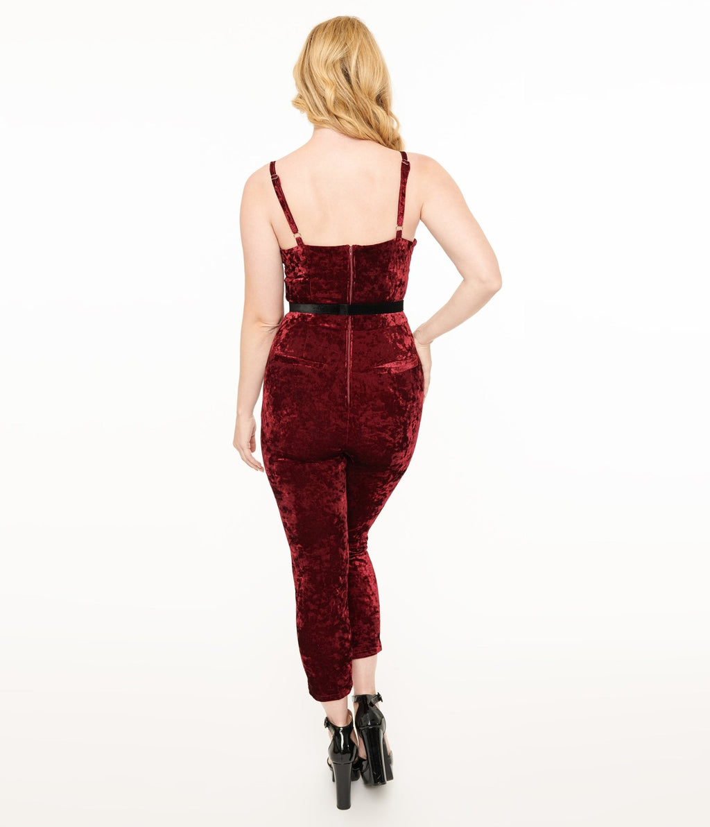 Unique Vintage 1950s Burgundy Crushed Velvet Cropped Jumpsuit - Unique Vintage - Womens, BOTTOMS, ROMPERS AND JUMPSUITS