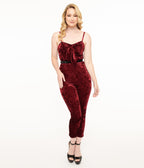 Unique Vintage 1950s Burgundy Crushed Velvet Cropped Jumpsuit - Unique Vintage - Womens, BOTTOMS, ROMPERS AND JUMPSUITS