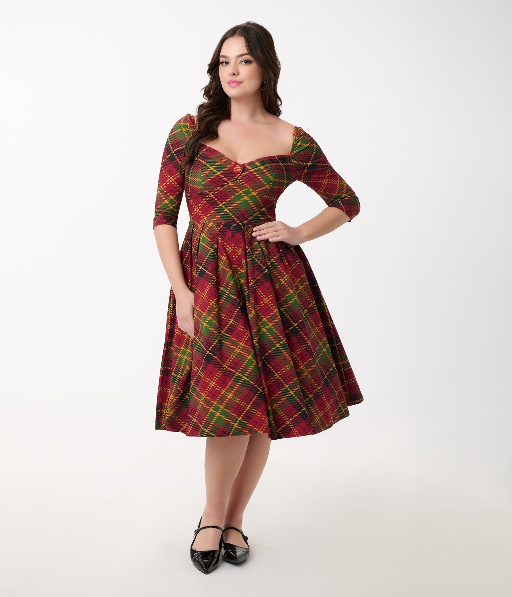 Unique Vintage 1950s Burnt Orange & Green Plaid Lamar Swing Dress - Unique Vintage - Womens, DRESSES, SWING