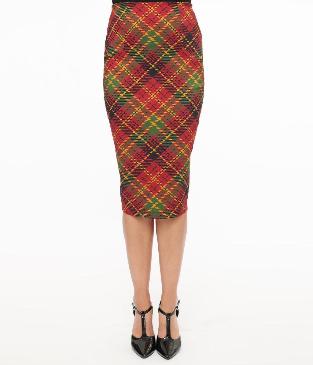 Unique Vintage 1950s Burnt Orange & Green Plaid Tracy Pencil Skirt - Unique Vintage - Womens, BOTTOMS, SKIRTS