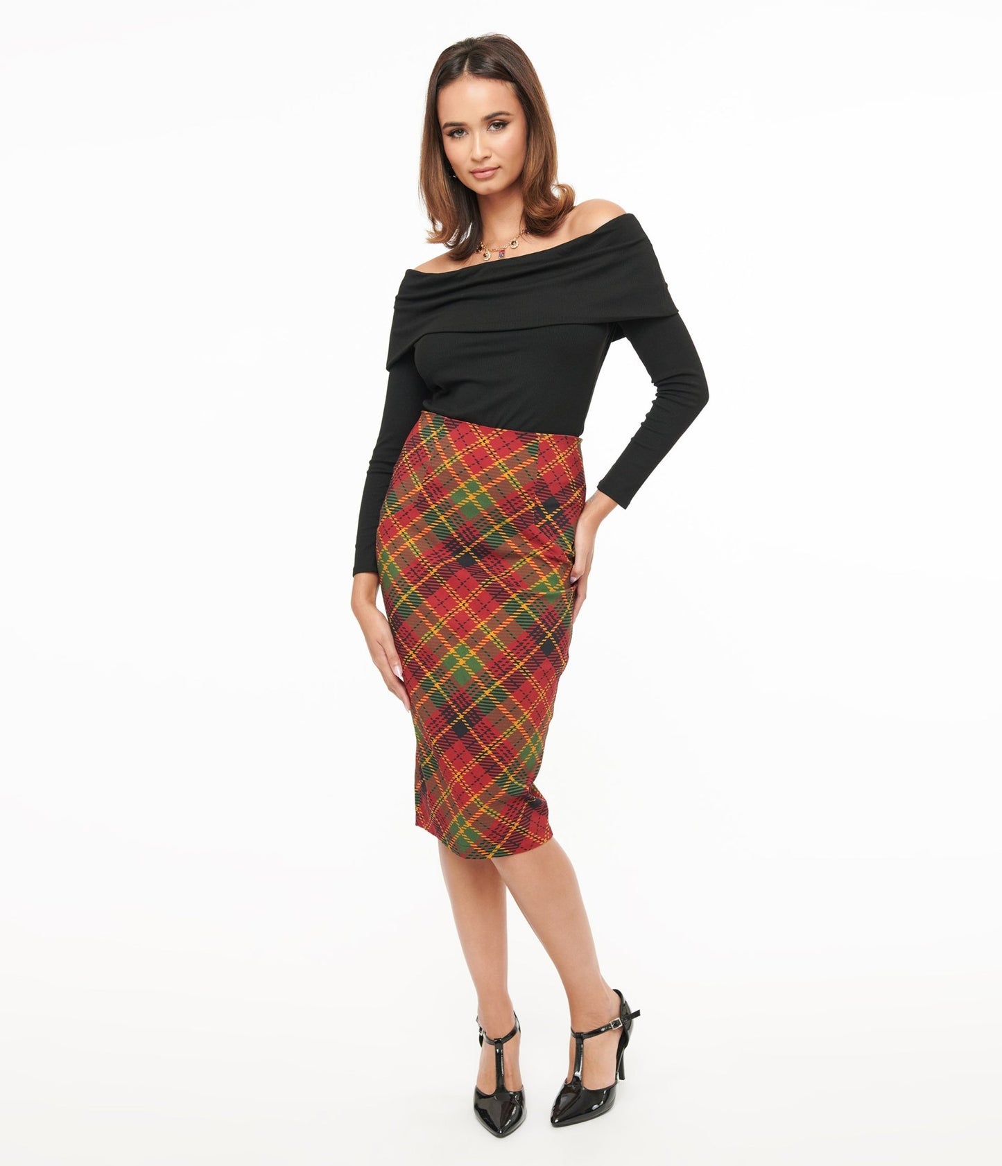 Unique Vintage 1950s Burnt Orange & Green Plaid Tracy Pencil Skirt - Unique Vintage - Womens, BOTTOMS, SKIRTS